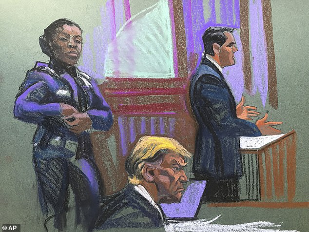 In this courtroom sketch, former U.S. President Donald Trump sits as his attorney Todd Blanche, right, speaks during the second day of jury selection.