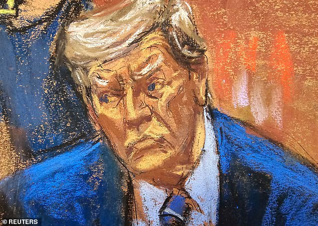 A court sketch shows Trump looking on during the second day of jury selection on Tuesday.