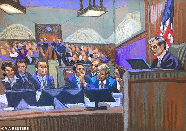 Former US President Donald Trump sits with his lawyers as Judge Juan Merchan oversees proceedings at Manhattan Criminal Court in New York, April 15, 2024 in this courtroom sketch.