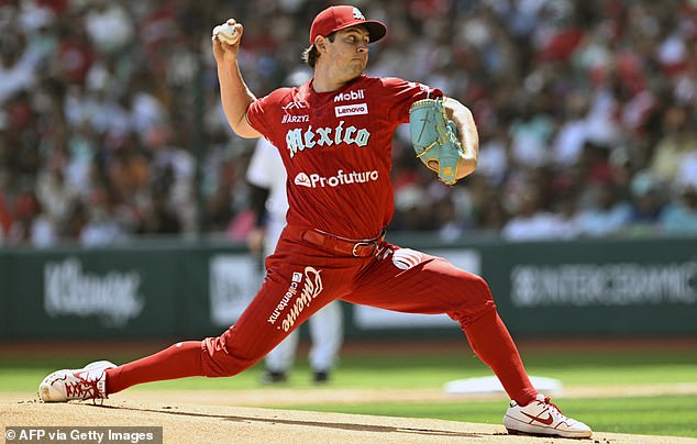 Trevor Bauer, Diablos Rojos of Mexico, throws the ball during an exhibition against the Yankees
