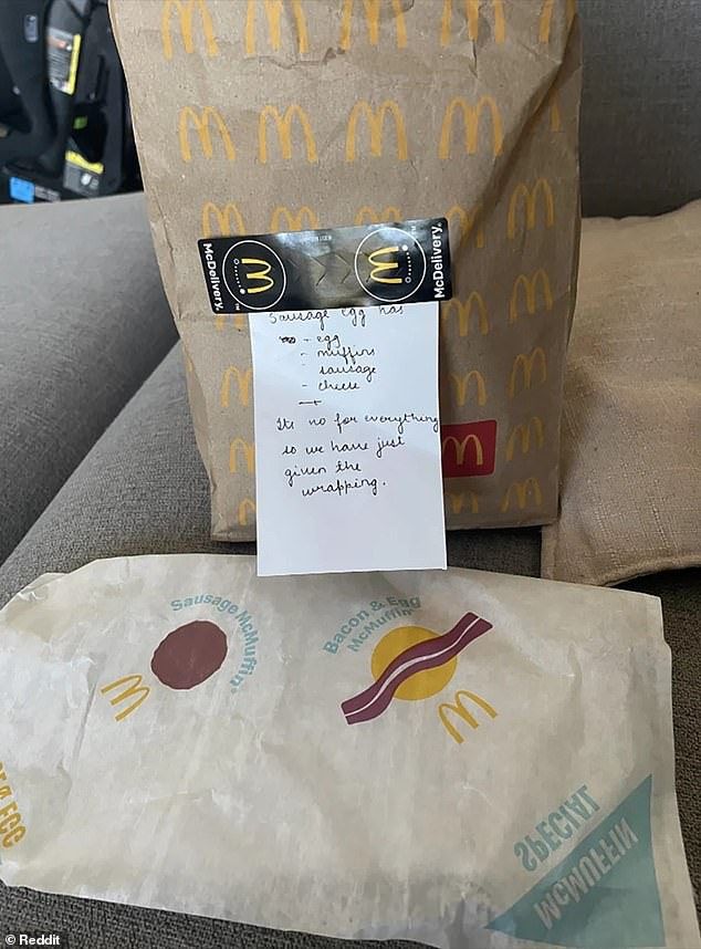 The Maccas store in Perth attached a note (pictured) explaining why they had packed the customer with an empty wrapper.
