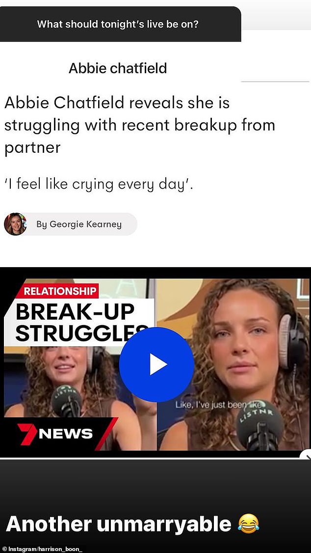 He then shared an article about Abbie talking about their recent breakup and wrote alongside the post: 'Another single [crying laughing emoji]'