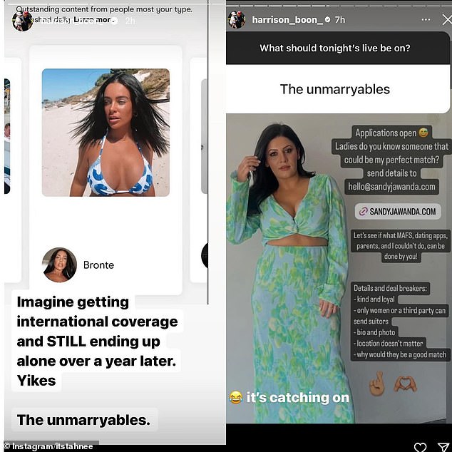 Harrison first shared screenshots of MAFS ex-girlfriends' dating profiles and posts about finding a partner, including those of his on-screen 'ex-wife' Brontë and Sandy Jawanda.