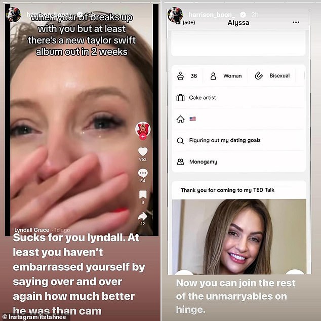Harrison also shared a screenshot of MAFS' Lyndall Grace tearfully announcing her breakup with her boyfriend of five months, writing alongside the image: 