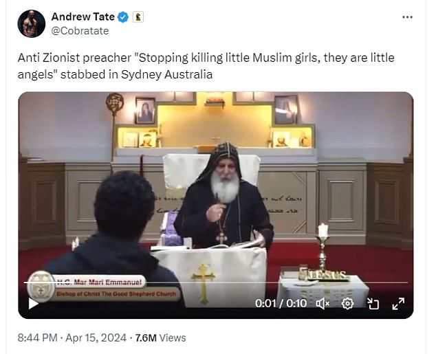 Tate's message (pictured) baselessly linked the stabbing to Bishop Mar Mari Emmanuel's alleged stance on Israel's war in Gaza.