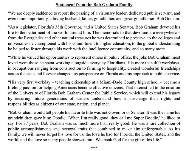 1713322246 222 Former Florida Governor Bob Graham dies at 87 Three term Democratic