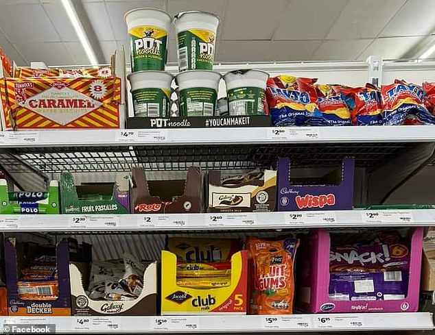 Tins of mushy peas, Galaxy Minstrels, PG Tips tea bags, Colman's mustard, Yorkshire pudding mixes and Tunnocks caramel wafers are among the purchases filling the shelves.