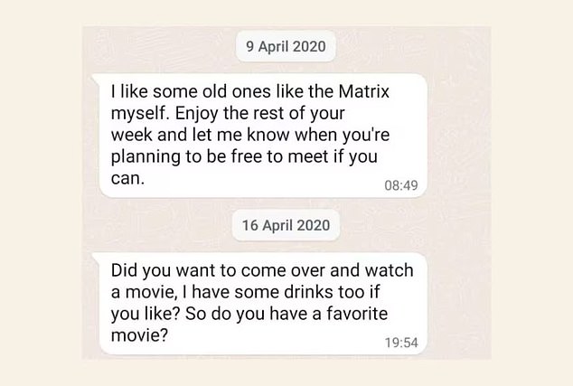 A Brisbane woman, who claims to have met Cauchi on Tinder in 2020, said she got the impression Cauchi was simply looking to connect with people (pictured, messages from his chat).