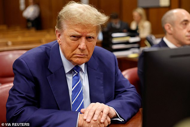 The trial, which is part of Trump's legal challenges, is a critical moment in his political career, with implications for the upcoming elections and his image in the public eye.  Trump is seen in the Manhattan Criminal Courtroom on Tuesday.