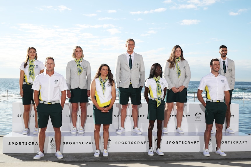 Australian athletes pose on stage during the uniform launch of the opening ceremony of the Tokyo 2020 Olympic Games in Australia. 