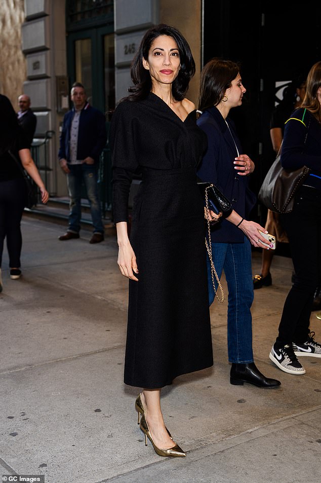 Huma Abedin, 47, also attended the Broadway show and put on a stylish display in a black shirt dress with an A-lined tea skirt. The politician wore the dress slightly over one shoulder and slipped on a pair of shoes metallic gold heels.  He carried a quilted leather bag with a gold chain strap and completed his look with a bright red lip.
