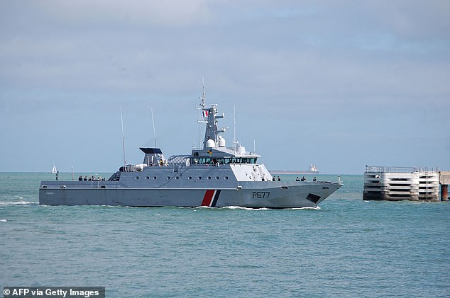 File image showing the French Navy's Cormoran-class patrol vessel Flamant sailing near the port of Calais, northern France, in 2023.