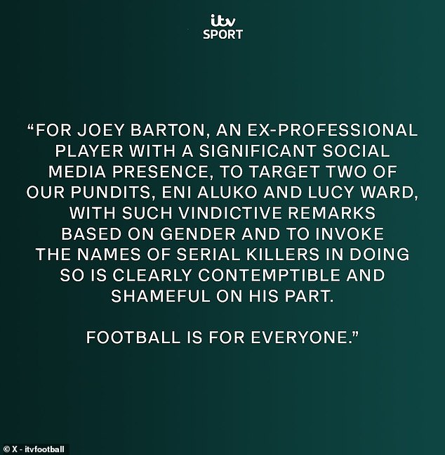 Aluko received support from ITV following Barton's attack on her and Ward in January.