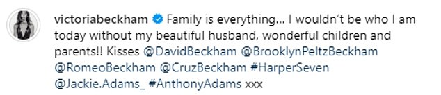 Victoria wrote: 'Family is everything... I wouldn't be who I am today without my beautiful husband, my wonderful children and my parents!!'