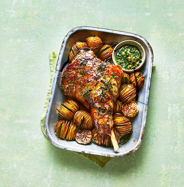 Lamb in a pan with hasselback potatoes is a super simple roast and full of flavor.