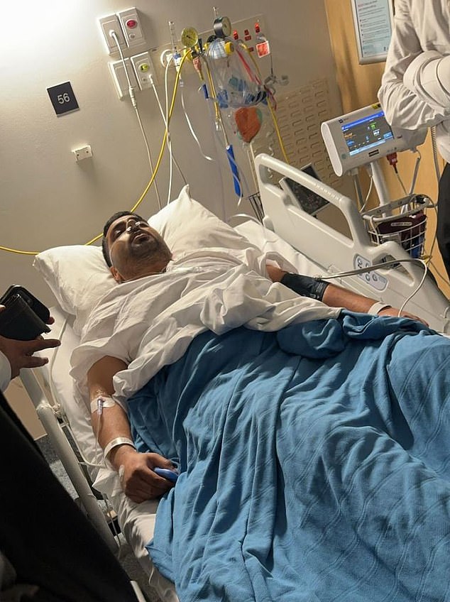 Mr Taha was stabbed in the stomach, but managed to radio other security personnel for help, becoming one of the first people to raise the alarm (pictured: he is still recovering in hospital).