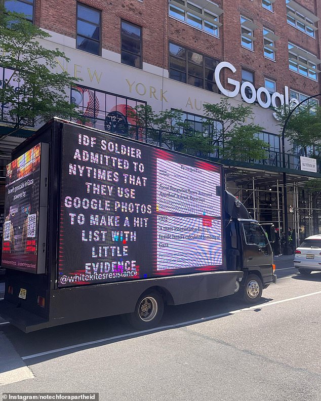 A truck outside the New York office referenced a March report in which an Israeli official claimed that Google Photos performed better than any alternative facial recognition technology.