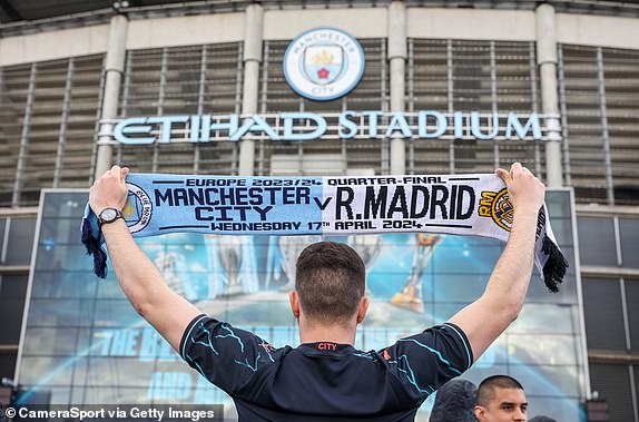 MANCHESTER, ENGLAND – APRIL 17: Fans arrive for the UEFA Champions League quarter-final second leg match between Manchester City and Real Madrid CF at the Etihad Stadium on April 17, 2024 in Manchester, England. (Photo by Alex Dodd – CameraSport via Getty Images)