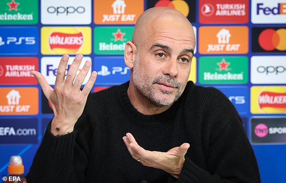 epa11281900 Manchester City manager Pep Guardiola attends a press conference in Manchester, United Kingdom on April 16, 2024. Manchester City will face Real Madrid in the second leg of the League quarter-finals of UEFA Champions League on April 17, 2024. EPA/ADAM VAUGHAN