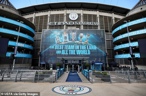 MANCHESTER, ENGLAND - APRIL 17: General view outside the stadium before the UEFA Champions League quarter-final second leg match between Manchester City and Real Madrid CF at the Etihad Stadium on April 17, 2024 in Manchester, England. (Photo by Jan Kruger - UEFA/UEFA via Getty Images) (Photo by Jan Kruger - UEFA/UEFA via Getty Images)
