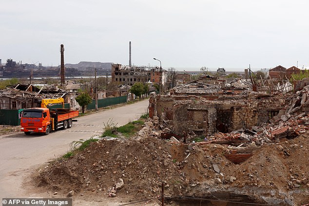 This photo taken on April 17, 2024 shows a destroyed district in Mariupol, in Russian-controlled Ukraine, amid the Russia-Ukraine conflict.