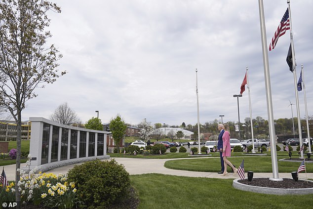 President Joe Biden visits the War Memorial in Scranton, Pennsylvania, with Scranton Mayor Paige Cognetti, right, on Wednesday, April 17, 2024.