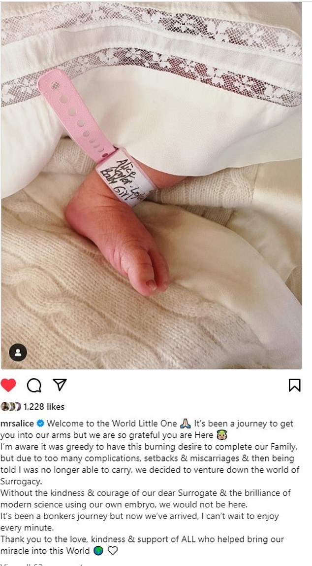 By sharing a photo of the newborn baby's foot with a pink tag online, she thanks the anonymous surrogate mother.