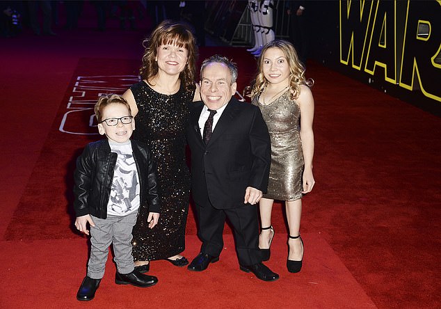 Warwick Davis, his wife Samantha, daughter Annabelle and son Harrison attend the premiere of Star Wars: The Force Awakens in Leicester Square on December 16, 2015.