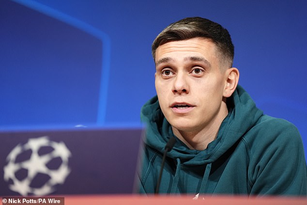 Arteta's mind games continued when Gunners winger Leandro Trossard was benched in the second leg despite appearing at the pre-match press conference (above) on Tuesday.