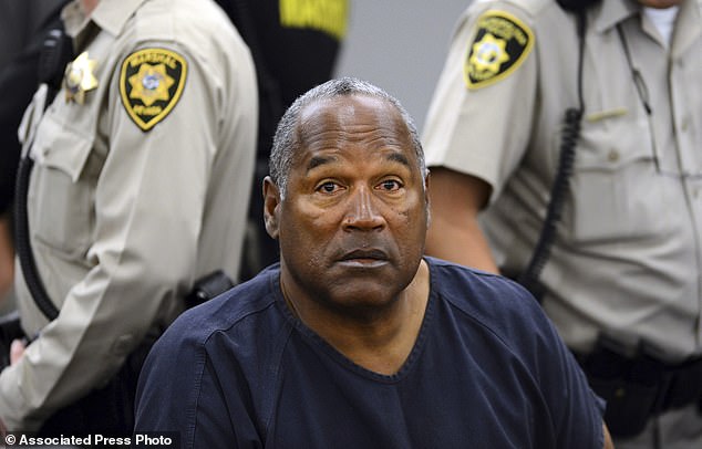 OJ Simpson sits during a break on the second day of an evidentiary hearing in Clark County District Court in Las Vegas.