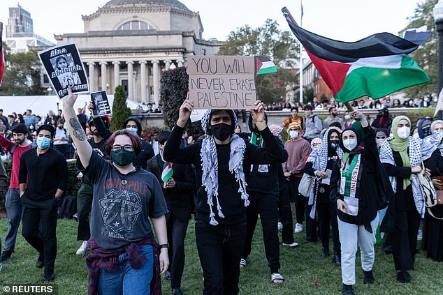 Pro-Palestinian students participate in a protest in support of Palestinians amid the ongoing conflict in Gaza, at Columbia University in New York City.