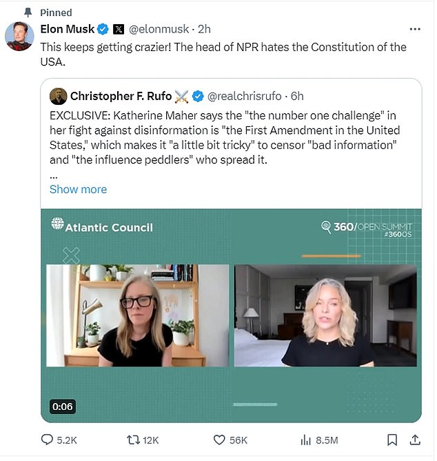 The clip has now gone viral on X, and Elon Musk reposts it and says: 'This is getting crazier and crazier!  The head of NPR hates the US Constitution.