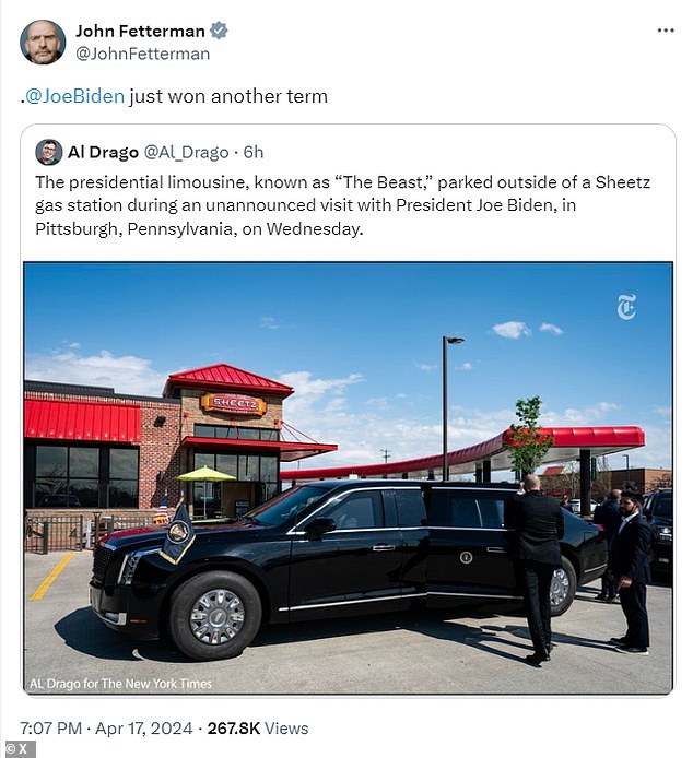 Democratic Senator John Fetterman, a notorious booster of Sheetz over its Philadelphia-based rival Wawa, enthusiastically posted on X on Wednesday: 