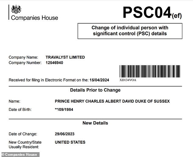 The publicly visible document showing that Prince Harry now resides in the United States.
