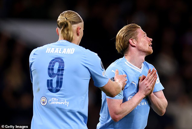 Erling Haaland (left) and Kevin De Bruyne (right) missed glorious chances for City.