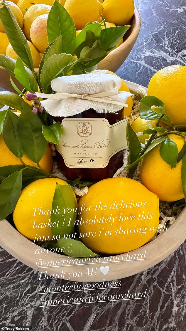 Meghan has sent samples of the jam to her friends and influencers. Pictured: Showing off strawberry jam in a basket with lemons, Tracy Robbins said: 
