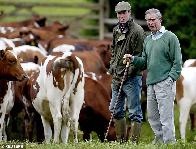 William and Charles at Home Farm, Highgrove. Charles founded Waitrose Duchy Organic with his first product in 1992, a biscuit made from wheat and oats grown organically on this farm.