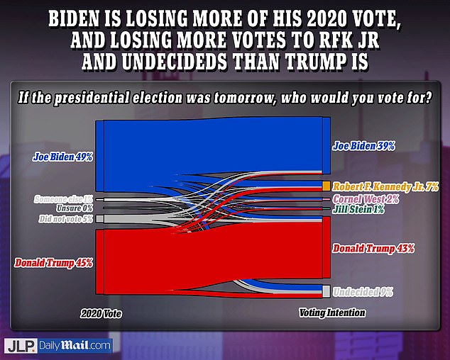 More President Joe Biden voters in 2020 have leaned toward independent candidate Robert F. Kennedy Jr. than those who supported former President Donald Trump four years ago, the March national poll found DailyMail.com/JL Partners