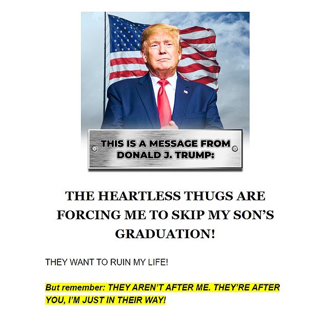 Trump's campaign is using the possibility that the former president will not be allowed to attend his son's high school graduation in May to raise funds.