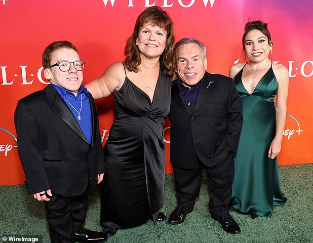 Warwick Davis photographed with his wife Samantha and children Annabelle and Harrison at the premiere of the television series Willow in November 2022.