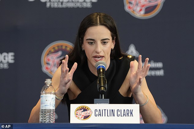 Indiana Fever's Caitlin Clark speaks during a WNBA basketball press conference on Wednesday