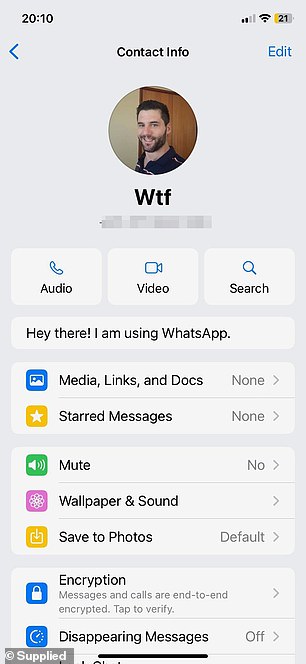 Ms Rodriguez was so concerned about the encounter that she saved his number as 'Wtf' on her personal device (pictured) and ran it through a database, which didn't raise any red flags.
