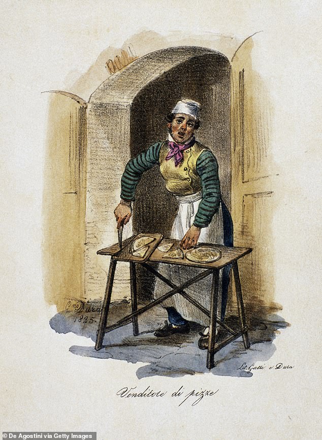 In the photo: The Pizza Seller, 1825, by Gaetano Dura (1805-1878), lithograph. According to Professor Grandi, pizza in Italy was made without tomato sauce until the emigration of the 19th century.
