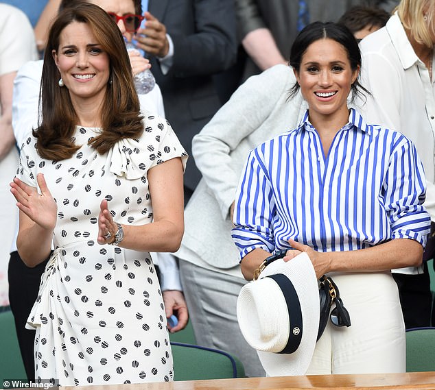 The UK domain name has been purchased for Meghan Markle's new business, American Riviera Orchard. Pictured: Kate and Meghan during Wimbledon in 2018.