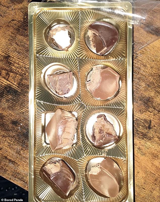 Someone else's infuriating partner took a bite of each chocolate to find a caramel one, but there was none in the package.