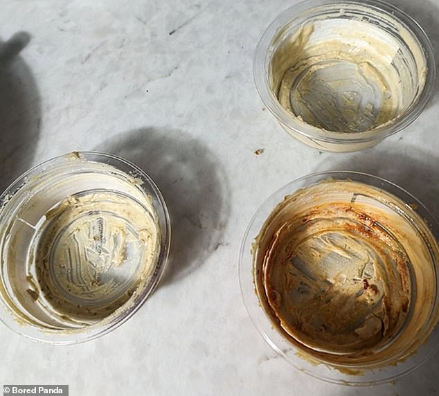 Meanwhile, someone else's partner put several empty hummus containers back in the refrigerator.