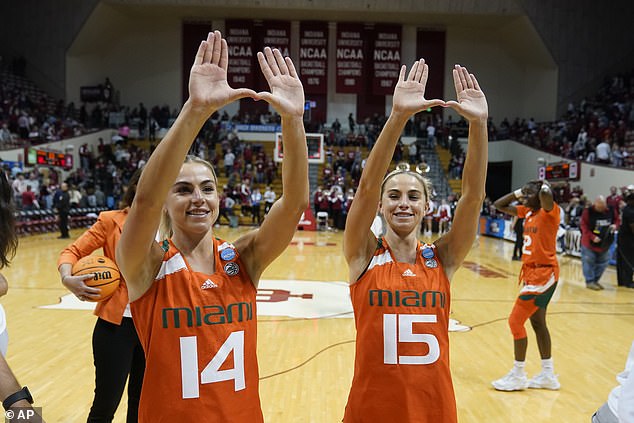 Haley (14) and Hanna Cavinder celebrate after a second-round college basketball game against Indiana in the women's NCAA tournament in March 2023.