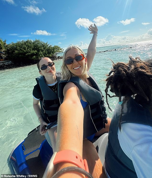Natasha and Kara enjoy a jet ski ride during their stay in Dhiffushi, where they only spent £416 on accommodation, food and activities.
