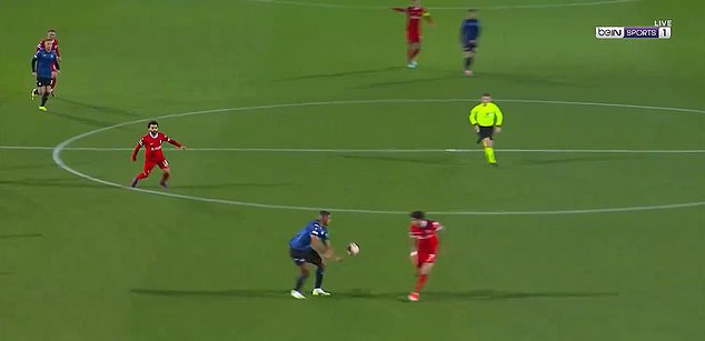 The home team's center back was penalized for a handball when Mohamed Salah passed the ball to Luis Díaz.