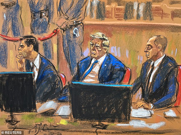 Courtroom sketch of Trump sitting with his attorneys Todd Blanche and Emil Bove during jury selection on the third day of his criminal trial on charges of falsifying business records over hush payments.